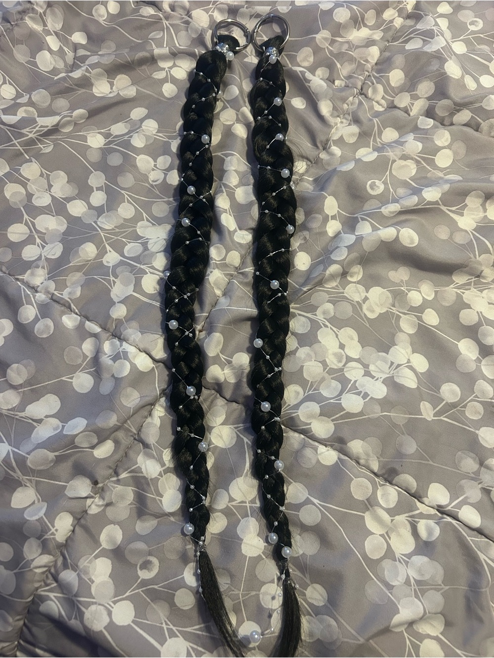 Beaded Braided Hair Extension Straps - Black with Pearls